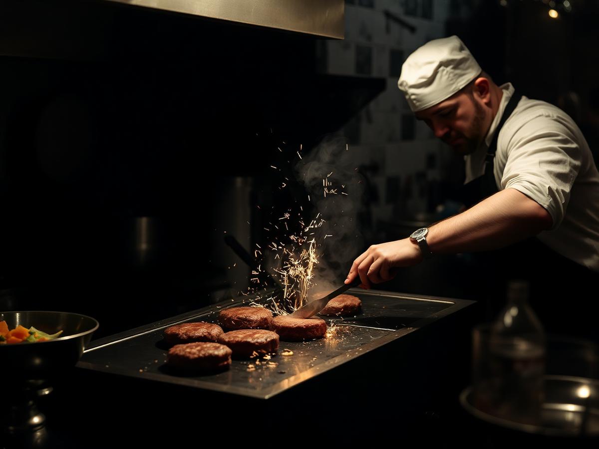 Cozinheiro smashando hambúrgueres na chapa quente